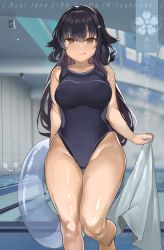 Rule 34 | 1girl, azuma (azur lane), azur lane, black hair, black one-piece swimsuit, blurry, breasts, competition swimsuit, crest, curvy, depth of field, feet out of frame, hair flaps, highres, indoors, innertube, large breasts, looking at viewer, one-piece swimsuit, photo background, pool, sakurami617, smile, solo, swim ring, swimsuit, towel, translation request, white towel, yellow eyes