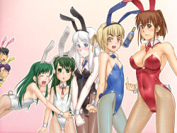 Rule 34 | 3boys, 4girls, :3, :o, = =, animal ears, arms behind back, ass, between breasts, black hair, blonde hair, blue eyes, blush, bottle, bow, bowtie, breasts, brown eyes, brown hair, cleavage, closed eyes, covered erect nipples, crossdressing, fake animal ears, fishnet pantyhose, fishnets, flat chest, green eyes, green hair, hair ribbon, hairband, highleg, hug, large breasts, leotard, long hair, male playboy bunny, mt1, multiple boys, multiple girls, necktie, nipples, open mouth, pantyhose, playboy bunny, pointing, purple hair, rabbit ears, ribbon, shiny clothes, shiny skin, short hair, siblings, sisters, smile, twins, wardrobe malfunction, white hair, wrist cuffs, yellow eyes