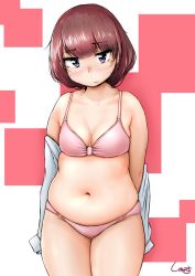Rule 34 | 1girl, abstract background, belly, blush, bra, breasts, brown hair, character request, closed mouth, collarbone, commentary request, copyright request, cowboy shot, dot nose, highres, looking at viewer, medium breasts, medium hair, navel, panties, pink bra, pink panties, plump, purple eyes, shigekikkusu, shirt, short hair, signature, solo, standing, thick thighs, thighs, tsurime, underwear, white shirt