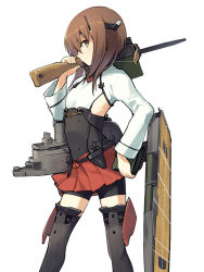 Rule 34 | 10s, 1girl, bike shorts, bow (weapon), brown eyes, brown hair, crossbow, flat chest, headband, headgear, kantai collection, nakatani, personification, pleated skirt, short hair, skirt, solo, taihou (kancolle), thighhighs, weapon, white background