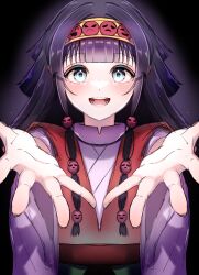 Rule 34 | 1girl, alluka zoldyck, black background, black hair, blue eyes, child, dress, hair ornament, hairband, highres, hunter x hunter, japanese clothes, kagami1118, long hair, long sleeves, looking at viewer, multi-tied hair, reaching, reaching towards viewer, simple background, smile, smiley face, solo, upper body