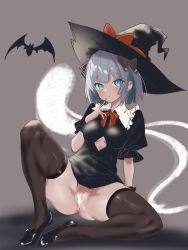 1girl arm_support bat_(animal) black_bow black_dress black_footwear black_thighhighs blue_eyes blush bottomless bow bowtie censored cleft_of_venus clothing_cutout dress finger_to_mouth frills grey_background grey_hair hair_bow halloween halloween_costume hat hat_bow high_heels highres konpaku_youmu konpaku_youmu_(ghost) light_censor looking_at_viewer no_panties puffy_short_sleeves puffy_sleeves pussy red_bow short_sleeves sitting soara_shimomo split spread_legs thighhighs touhou underboob_cutout witch_hat wrist_cuffs