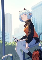 Rule 34 | 1girl, animal ears, animal print, backpack, bag, black footwear, black shorts, blue eyes, blue hair, boots, bottle, breasts, building, commentary request, cow ears, cow horns, cow print, cross-laced footwear, day, feet out of frame, highres, holding, holding bottle, horns, jacket, lace-up boots, orange jacket, original, outdoors, pantyhose, pantyhose under shorts, peroncho, short hair, short shorts, shorts, sitting, skyscraper, small breasts, solo, unworn backpack, unworn bag, white pantyhose