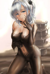 Rule 34 | 1girl, blue eyes, blush, breasts, chocolate, chocolate on body, chocolate on face, clothes writing, food, food on body, food on face, hachimaki, hair between eyes, head tilt, headband, highres, kantai collection, kneeling, kokuzou, large breasts, licking lips, long hair, looking at viewer, navel, nude, one side up, remodel (kantai collection), sidelocks, silver hair, solo, suzutsuki (kancolle), tongue, tongue out
