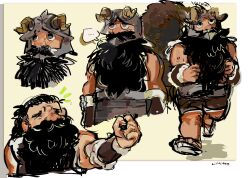 Rule 34 | ..., 1boy, arms at sides, beard, blush, brown hair, collage, dungeon meshi, dwarf, facial hair, fake horns, full body, helmet, highres, horned helmet, horns, linktoo doodles, long beard, long hair, male focus, official alternate hairstyle, senshi (dungeon meshi), staring, thick mustache, unfinished, very long beard, walking