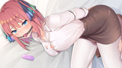 Rule 34 | 1girl, arms behind back, ball gag, bed sheet, black ribbon, black skirt, blue eyes, blunt bangs, blush, bound, bound arms, bra, bra peek, breasts, brown footwear, butterfly hair ornament, button gap, cleavage, collarbone, drooling, gag, go-toubun no hanayome, hair ornament, heart, heart-shaped pupils, highres, kidnapping, kneeling, kongbai, lace, lace-trimmed bra, lace trim, large breasts, leaning forward, looking at viewer, nakano nino, pantyhose, pencil skirt, pink hair, purple bra, raised eyebrows, ribbon, see-through, sex toy, shirt, shirt tucked in, skirt, solo, symbol-shaped pupils, tearing up, thick thighs, thighs, torn clothes, torn pantyhose, twintails, underwear, vibrator, white pantyhose, white shirt, wiffle gag