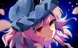 Rule 34 | 1girl, blue background, blurry, blurry background, frilled hat, frills, hand fan, hat, highres, looking at viewer, maguri rei, mob cap, pink eyes, pink hair, saigyouji yuyuko, smile, solo, touhou