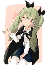 Rule 34 | 1girl, ;), anchovy (girls und panzer), anzio school uniform, barashiya, black cape, black necktie, black ribbon, black skirt, cape, closed mouth, commentary, dress shirt, drill hair, gesture, girls und panzer, green hair, hair ribbon, heart, highres, invisible chair, long hair, long sleeves, looking at viewer, miniskirt, necktie, one eye closed, pantyhose, pleated skirt, red eyes, ribbon, school uniform, shirt, sitting, skirt, smile, solo, twin drills, twintails, white pantyhose, white shirt, wing collar