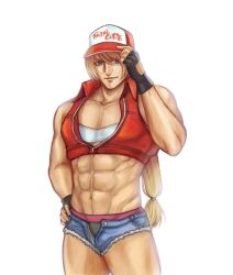 Rule 34 | 1boy, abs, androgynous, bare shoulders, baseball cap, blonde hair, blue eyes, crossdressing, fatal fury, fingerless gloves, gloves, hat, highres, jacket, ktovhinao, long hair, looking at viewer, male focus, muscular, navel, open clothes, open jacket, shorts, snk heroines: tag team frenzy, solo, terry bogard, toned