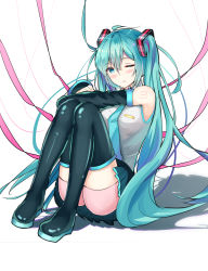 Rule 34 | 1girl, aqua hair, aqua necktie, bike shorts, black thighhighs, blue eyes, boots, commentary request, detached sleeves, hatsune miku, highres, long hair, mikuning, necktie, one eye closed, pink shorts, pout, pouty lips, shorts, simple background, sitting, solo, thigh boots, thighhighs, twintails, very long hair, vocaloid, white background