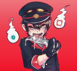 Rule 34 | 1boy, black gloves, black hair, black hat, commentary, cum, dagger, empty eyes, english commentary, gakuseibou, ghost, gloves, gradient background, hair between eyes, hanako (jibaku shounen hanako-kun), hat, highres, holding, holding dagger, holding knife, holding weapon, jibaku shounen hanako-kun, knife, licking, licking cum, long sleeves, looking at viewer, male focus, open mouth, orb, red background, saliva, simple background, solo, sorah nsfw, weapon