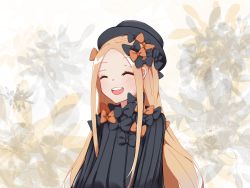 Rule 34 | 1girl, 4thrabbit, abigail williams (fate), black bow, black dress, black headwear, blonde hair, blush, bow, breasts, closed eyes, dress, fate/grand order, fate (series), forehead, hair bow, highres, long hair, multiple hair bows, open mouth, orange bow, parted bangs, polka dot, polka dot bow, ribbed dress, small breasts, smile, solo