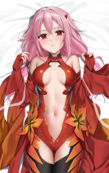 1girl absurdres black_thighhighs blush breasts center_opening dakimakura_(medium) elbow_gloves fingerless_gloves gloves guilty_crown hair_between_eyes hair_ornament hairclip highres keine09 leotard long_hair looking_at_viewer lying navel on_back pink_eyes pink_hair red_gloves red_leotard solo stomach thighhighs thighs twintails yuzuriha_inori