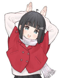 Rule 34 | 1girl, 1ssakawaguchi, ahoge, arms up, black hair, blue eyes, blush, bob cut, chinese zodiac, hair ornament, head tilt, highres, jacket, looking at viewer, open mouth, original, rabbit hair ornament, rabbit pose, scarf, short hair, simple background, smile, solo, teeth, upper body, upper teeth only, white background, year of the rabbit