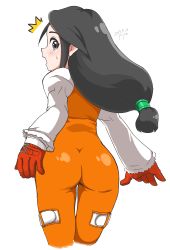 Rule 34 | 1girl, absurdres, ass, black hair, blush, bodysuit, commentary request, final fantasy, final fantasy ix, garnet til alexandros xvii, gloves, highres, latex, latex suit, long hair, looking at viewer, low-tied long hair, orange bodysuit, simple background, solo, white background, yuuya (blue scarab)