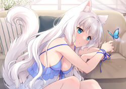 Rule 34 | 1girl, animal, animal ear fluff, animal ears, babydoll, bare shoulders, blue eyes, bug, butterfly, cat ears, cat girl, cat tail, commentary request, couch, covered erect nipples, curtains, feet out of frame, indoors, insect, long hair, original, parted lips, pillow, saeki hokuto, signature, solo, strap slip, tail, transparent, very long hair, white hair, window