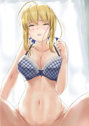 Rule 34 | 1girl, artoria pendragon (all), artoria pendragon (fate), blonde hair, blue bra, blue ribbon, bottomless, bra, breasts, curtains, closed eyes, fate (series), highres, implied sex, large breasts, pregnant, ribbon, saber (fate), sex, sweat, underwear