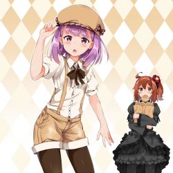 Rule 34 | 2girls, adjusting clothes, adjusting headwear, ahoge, alternate costume, argyle, argyle background, argyle bow, argyle clothes, argyle trim, bad id, bad pixiv id, bag, black dress, black legwear, blush, bow, brown eyes, brown hair, brown legwear, cabbie hat, center frills, chestnut mouth, dress, dress shirt, fate/grand order, fate (series), flower, food in mouth, frilled dress, frills, fujimaru ritsuka (female), furrowed brow, gothic lolita, hair flower, hair ornament, hand on headwear, hat, hat bow, helena blavatsky (fate), holding, holding bag, juliet sleeves, lolita fashion, long sleeves, mouth hold, multiple girls, nishimi shin, one side up, open mouth, pantyhose, pantyhose under shorts, puffy sleeves, purple eyes, purple hair, shirt, short hair, shorts