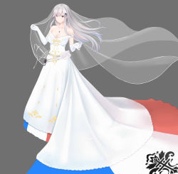 Rule 34 | 1girl, absurdres, azur lane, bare shoulders, belt, blush, breasts, bridal veil, butterfly hair ornament, chenche-jun, cleavage, collarbone, commentary request, dress, dunkerque (azur lane), elbow gloves, french flag, gloves, gown, grey background, grey hair, hair ornament, highres, iris libre (emblem), large breasts, light blush, long dress, long hair, looking at viewer, off-shoulder dress, off shoulder, purple eyes, rapier, sidelocks, simple background, smile, solo, sword, veil, weapon, wedding dress, white dress, white gloves