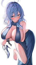 Rule 34 | 1girl, absurdres, ako (blue archive), ako (dress) (blue archive), arm under breasts, backless dress, backless outfit, bare shoulders, barefoot, blue archive, blue dress, blue eyes, blue hair, blue halo, blue nails, breasts, broken, broken chain, chain, cleavage, commentary, dress, feet, foot out of frame, hairband, halo, halter dress, halterneck, high heels, highres, holding, holding clothes, holding footwear, homura (homur4 homu), large breasts, leaning forward, medium hair, nail polish, official alternate costume, plunging neckline, sandals, side slit, simple background, sleeveless, sleeveless dress, strappy heels, thighs, toenail polish, toenails, toes, white background, wrist cuffs