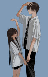 Rule 34 | 1boy, 1girl, absurdres, arm up, black pants, brother and sister, brown hair, collared shirt, commentary, feet out of frame, grey eyes, height difference, highres, honjou ruri, honnryou hanaru, long hair, open clothes, open mouth, open shirt, original, pants, shirt, shorts, siblings, simple background, t-shirt, twitter username, white shirt