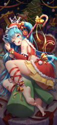 Rule 34 | 1girl, ahoge, ankle ribbon, artist name, bandaid, bandaid on leg, barefoot, bell, blue eyes, blue hair, blush stickers, bow, cane, catxuan, christmas, christmas ornaments, christmas tree, dated, detached sleeves, fang, feet, gift, hair bell, hair bow, hair ornament, hatsune miku, headphones, highres, leg ribbon, long hair, looking at viewer, lying, musical note, musical note print, night, on side, open mouth, ribbon, santa costume, shoulder tattoo, skirt, solo, spring onion, tattoo, twintails, very long hair, vocaloid