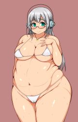 Rule 34 | 1girl, absurdres, bad id, bad twitter id, belly, bikini, blue eyes, blush, breasts, cleavage, eyebrows, fat, fat rolls, hand on own chest, headphones, highres, large breasts, long hair, looking at viewer, micro bikini, navel, nitroplus, plump, silver hair, smile, solo, super taruco, sweat, swimsuit, tensai427, thick eyebrows, thick thighs, thighs, white bikini, wide hips