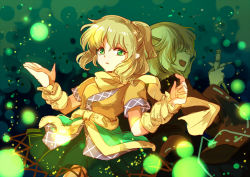 Rule 34 | 2girls, arm warmers, back-to-back, blonde hair, dual persona, green eyes, mizuhashi parsee, multiple girls, open mouth, pointy ears, sash, shirt, short sleeves, skirt, touhou, voodoo doll, straw doll, yetworldview kaze