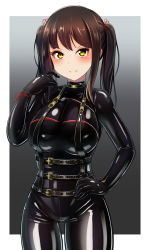 Rule 34 | 1girl, black bodysuit, bodysuit, brown hair, hand on own hip, harness, highres, ibusuki, latex, latex bodysuit, looking at viewer, original, shiny clothes, skin tight, smile, solo, twintails, yellow eyes