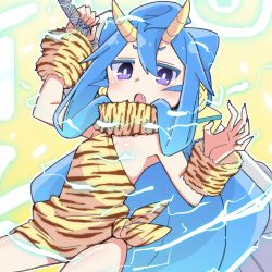 Rule 34 | 1boy, animal print, bad id, bad pixiv id, blue hair, blue nails, blush, club (weapon), electricity, fang, fingernails, hacka doll, hacka doll 3, hair between eyes, highres, hiva+, holding, holding weapon, horns, long fingernails, long hair, male focus, nail polish, open mouth, purple eyes, setsubun, sharp fingernails, short eyebrows, solo, tiger print, trap, weapon, yellow background