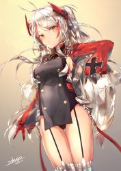 Rule 34 | 1girl, azur lane, black dress, black gloves, breasts, closed mouth, commentary request, dated, dress, dutch angle, garter straps, gloves, headgear, highres, large breasts, long hair, long sleeves, looking at viewer, multicolored clothes, multicolored gloves, multicolored hair, orange eyes, pelvic curtain, prinz eugen (azur lane), red gloves, red hair, sakusyo, signature, silver hair, sleeves past wrists, solo, streaked hair, thighhighs, two-tone gloves, two side up, very long hair, wide sleeves