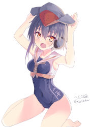Rule 34 | 1girl, absurdres, asymmetrical hair, black hair, black one-piece swimsuit, breast cutout, breasts, brown eyes, brown neckerchief, clothes writing, collarbone, framed breasts, hair between eyes, hat, headphones, highres, hizaka, i-14 (kancolle), kantai collection, looking at viewer, neckerchief, old school swimsuit, one-piece swimsuit, open mouth, sailor collar, school swimsuit, shirt, short hair, signature, sitting, small breasts, smile, solo, swimsuit, twitter username