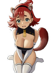 Rule 34 | 1girl, animal ear fluff, animal ears, bare shoulders, between legs, black hairband, blue eyes, breasts, cleavage, commentary request, elbow gloves, fake animal ears, gloves, gundam, gundam suisei no majo, hair between eyes, hairband, hand between legs, highres, large breasts, looking at viewer, medium hair, necktie, open mouth, raccoon ears, raccoon tail, red hair, short necktie, simple background, sitting, sky-freedom, solo, suletta mercury, sweat, tail, thick eyebrows, thighhighs, v arms, white background, white gloves, white thighhighs, yellow necktie