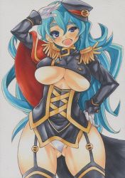 Rule 34 | 1girl, aqua hair, blue eyes, breasts, clothing cutout, epaulettes, eyebrows, garter straps, gloves, groin, hand on own hip, hat, imagawa yoshimoto (sengoku collection), large breasts, long hair, military, military uniform, open mouth, panties, revealing clothes, salute, sengoku collection, simple background, smile, solo, traditional media, underboob, underboob cutout, underwear, uneven eyes, uniform, white background, white panties, wide hips, yutakasan-love