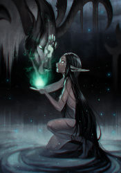 Rule 34 | 1girl, animal, artist name, elf, facial mark, fire, fire, from side, full body, glowing, green eyes, light particles, long hair, looking at another, nana nakano, nude, on one knee, original, parted lips, pointy ears, profile, ribs, solo, very long hair