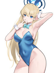 Rule 34 | 1girl, akire (akireru shoujo), aqua bow, aqua bowtie, arm up, armpits, blonde hair, blue archive, blue eyes, blue leotard, bow, bowtie, breasts, cameltoe, cleavage, cowboy shot, detached collar, earrings, halo, highleg, highleg leotard, highres, jewelry, large breasts, leotard, long hair, looking at viewer, playboy bunny, simple background, solo, strapless, strapless leotard, toki (blue archive), toki (bunny) (blue archive), v over mouth, very long hair, white background, wrist cuffs