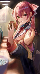 Rule 34 | 1girl, absurdres, ascot, bare shoulders, black coat, blush, ceiling light, cleavage, coat, commentary request, cup, from side, hair between eyes, hair ribbon, highres, holding, holding cup, hololive, houshou marine, indoors, jacket, long hair, long sleeves, looking to the side, nayuyu1105, off shoulder, open clothes, open coat, parted lips, red ascot, red eyes, red hair, red jacket, red ribbon, ribbon, see-through, see-through cleavage, skull cup, sleeveless, sleeveless jacket, smile, solo, table, virtual youtuber, yellow eyes