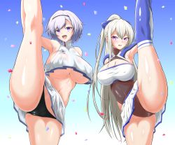 Rule 34 | 2girls, :d, arm behind back, armpit cutout, armpits, ass, azur lane, bare legs, bare shoulders, black hairband, black panties, blue background, blue thighhighs, blush, bow, braid, breasts, casablanca (azur lane), casablanca (cheer squad on break) (azur lane), cheerleader, cleavage, cleft of venus, clothing cutout, commentary request, confetti, covered collarbone, covered erect nipples, covered navel, cowboy shot, crop top, crop top overhang, eagle union (emblem), gradient background, grey hair, groin, hair between eyes, hair bow, hairband, highres, holding own foot, kumanosita, large breasts, leg grab, leg lift, leg up, leotard, leotard under clothes, long hair, long sleeves, looking at viewer, midriff, miniskirt, multiple girls, navel, no bra, nose blush, open mouth, panties, parted hair, pleated skirt, purple bow, purple eyes, reno (azur lane), reno (biggest little cheerleader) (azur lane), see-through, see-through skirt, shiny clothes, shiny skin, shirt, short hair, sidelocks, simple background, skirt, sleeveless, smile, split, standing, standing on one leg, thighhighs, two-tone skirt, underboob, underwear, white background, white skirt