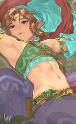 Rule 34 | 1boy, armlet, armpits, artist name, bad id, bad pixiv id, bare shoulders, blue eyes, bridal gauntlets, brown hair, circlet, crossdressing, detached sleeves, earrings, gerudo set (zelda), highres, ivy (sena0119), jewelry, link, looking at viewer, lying, male focus, midriff, mouth veil, navel, nintendo, official alternate costume, on back, pants, pointy ears, solo, stomach, the legend of zelda, the legend of zelda: breath of the wild, trap, veil