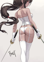 Rule 34 | 1girl, artist name, ass, bare arms, bare shoulders, breasts, brown hair, commentary request, corset, dual wielding, feet out of frame, fkey, from behind, garter belt, gloves, grey background, highres, holding, holding sword, holding weapon, katana, legs together, long hair, looking at viewer, looking back, medium breasts, original, panties, profile, red eyes, sidelocks, signature, simple background, solo, standing, sword, thighhighs, underwear, underwear only, weapon, white gloves, white panties, white thighhighs