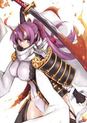 Rule 34 | 1girl, angry, azur lane, bare shoulders, breasts, closed mouth, covered navel, gloves, hair between eyes, highres, holding, horns, izumo (azur lane), katana, large breasts, long hair, marshall k, oni, oni horns, pointy ears, ponytail, purple hair, red eyes, solo, sword, thighhighs, weapon