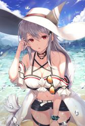 Rule 34 | 1girl, :o, absurdres, arknights, bare shoulders, beach, bikini, bikini shorts, blouse, bracelet, breasts, choker, cleavage, day, fall (aki), hair between eyes, hair ornament, hand in own hair, hand up, hat, highres, jewelry, large breasts, long hair, looking at viewer, midriff, navel, official alternate costume, outdoors, red eyes, shirt, short shorts, shorts, silver hair, skadi (arknights), skadi (waverider) (arknights), solo, stomach, sun hat, swimsuit, thigh strap, thighs, very long hair, water drop, wet, whale hair ornament, white shirt