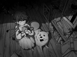 Rule 34 | 1girl, aged down, arthropod limbs, bad id, bad pixiv id, barefoot, book, braid, death (entity), dog, doll, dress, dungeon meshi, elf, falin touden, falin touden (doll), greyscale, highres, laios touden, laios touden (dog), looking up, marcille donato, monochrome, nightmare, pointy ears, portrait (object), sweatdrop, sy (isy5100), tentacles, tongue, tongue out, white dress, wooden floor