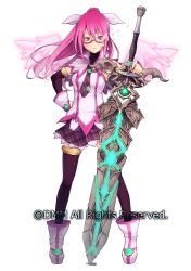 Rule 34 | 1girl, black thighhighs, boots, character request, full body, glasses, hand on own hip, highres, long hair, looking at viewer, meikyuu tansaku dragon princess, necktie, painpa, petals, pink eyes, pink hair, plaid, plaid necktie, plaid neckwear, plaid skirt, planted, skirt, solo, standing, sword, thighhighs, watermark, weapon, wings