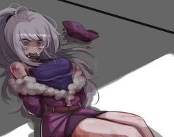 Rule 34 | bare legs, bare shoulders, belt, blood, blood on clothes, bruise, character request, commission, crying, crying with eyes open, cuts, dungeon and fighter, grey hair, unworn headwear, highres, hwaryeok, injury, jacket, long hair, lying, on back, open mouth, ponytail, purple eyes, purple jacket, purple shirt, shirt, sleeveless, sleeveless shirt, tears