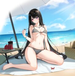 Rule 34 | 1girl, anklet, arm support, bai winchester, bare arms, bare legs, bare shoulders, barefoot, beach, beach umbrella, bikini, black hair, blanket, blue nails, blue sky, blush, bottle, bracelet, breasts, breasts apart, closers, cloud, crab, cup, drink, drinking straw, dutch angle, eyewear on head, food, front-tie bikini top, front-tie top, frown, fruit, full body, hand up, heterochromia, highres, holding, holding hair, jewelry, long hair, looking to the side, medium breasts, nail polish, navel, necklace, o-ring, o-ring bikini, ocean, official art, on ground, picnic basket, pink eyes, plate, purple eyes, round eyewear, seiza, sitting, sky, solo, stomach, striped bikini, striped clothes, sunglasses, sunlight, swimsuit, table, umbrella, underboob, very long hair, water bottle, watermelon, watermelon slice