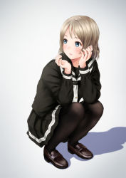 Rule 34 | 10s, 1girl, bad id, bad pixiv id, black serafuku, blue eyes, elbows on knees, full body, grey background, grey hair, highres, loafers, long sleeves, looking to the side, love live!, love live! sunshine!!, neckerchief, pantyhose, papi (papiron100), pleated skirt, school uniform, serafuku, shadow, shoes, short hair, skirt, solo, squatting, tie clip, watanabe you, white neckerchief