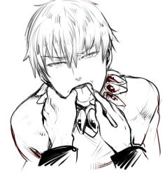 Rule 34 | 1boy, brushing teeth, fate/zero, fate (series), finger in another&#039;s mouth, gilgamesh (fate), greyscale, jewelry, looking at viewer, male focus, monochrome, mouth pull, necklace, official alternate costume, pov, sabata yuki, toothbrush, tori (driftwood), white background