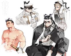 Rule 34 | 2boys, bandaid, bandaid on face, bandaid on nose, bara, belt, black hair, black pants, black shirt, blush, brown eyes, brown hair, closed mouth, collared shirt, facial hair, forked eyebrows, gakuran, gloves, goatee, hat, highres, holding, holding sword, holding weapon, jacket, jacket on shoulders, kazanniro, kepi, male focus, protagonist 1 (housamo), mature male, medal, military, military hat, military uniform, multiple boys, multiple persona, muscular, muscular male, nipples, open mouth, pants, scar, scar on face, scar on nose, school uniform, shirt, short hair, sideburns, signature, smile, sweat, sword, tokyo houkago summoners, translation request, uniform, upper body, watermark, weapon, white background, white gloves, white headwear, white jacket, white shirt, yoritomo (housamo)