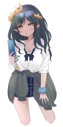 Rule 34 | 1girl, nanashi inc., black hair, blouse, blue bow, blue bowtie, blue skirt, blush, bow, bowtie, breasts, cellphone, cleavage, closed mouth, clothes around waist, commentary request, cowboy shot, cropped legs, expressionless, flip phone, grey sweater, holding, holding phone, honey strap, large breasts, long hair, looking at viewer, phone, plaid, plaid bow, plaid bowtie, plaid skirt, pointy ears, shimamura charlotte, shirt, shishio chris (artist), simple background, skirt, solo, sweater, sweater around waist, tan, virtual youtuber, white background, white shirt, yellow eyes